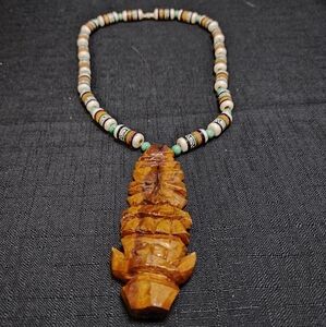 Handcrafted Tribal Inspired Carved Wooden Pendant Necklace W Colorful Beads